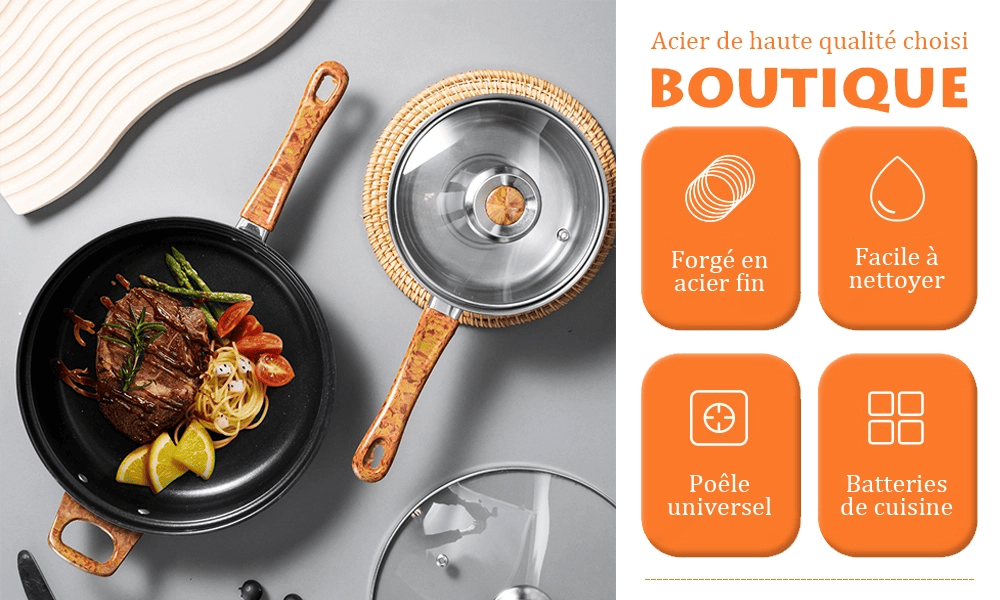 Batterie de Cuisine en Acier Inoxydable 6 Pièces avec Poignée en Bois - UstensilesCulinaires