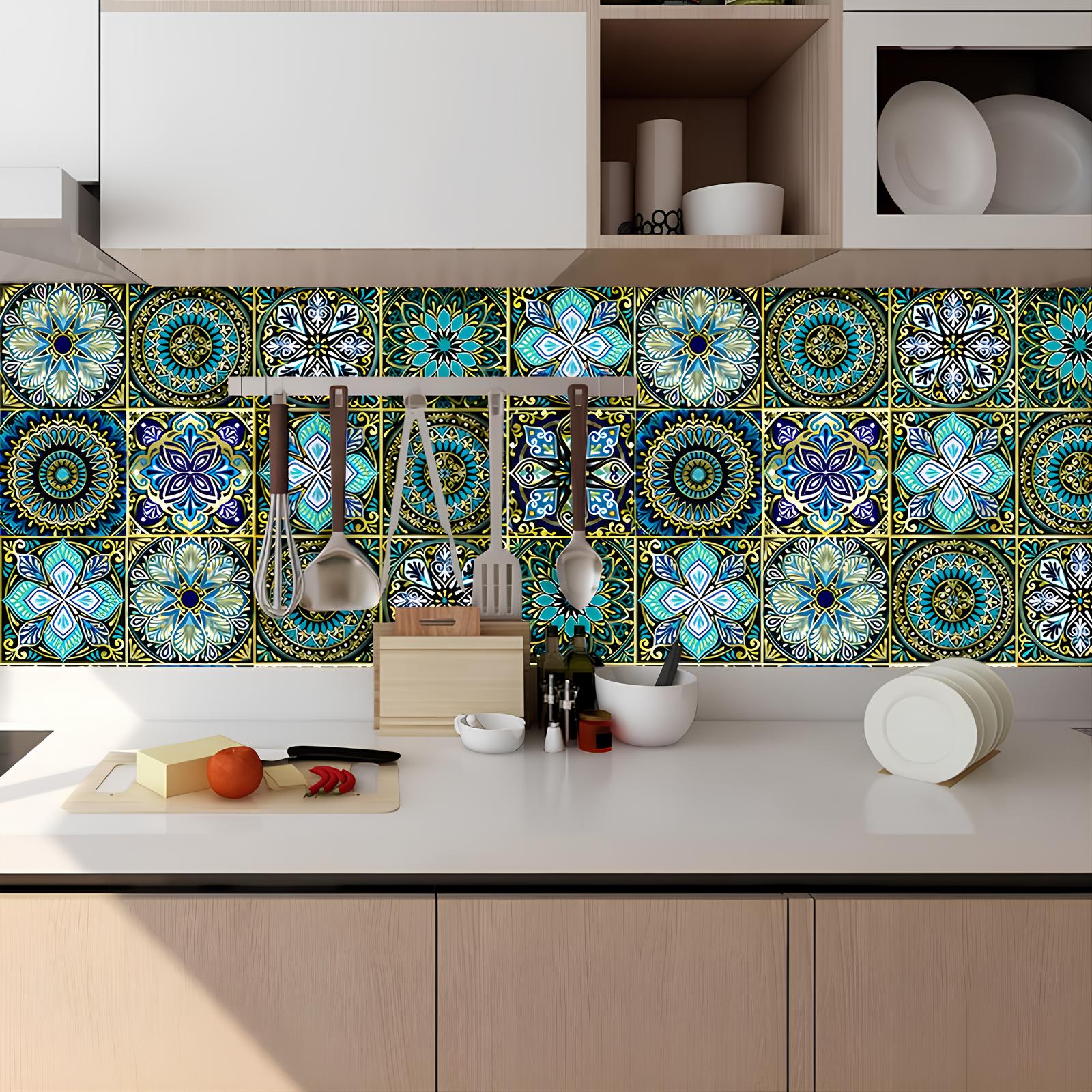 Carreaux adhésifs Mandala bleu turquoise - UstensilesCulinaires