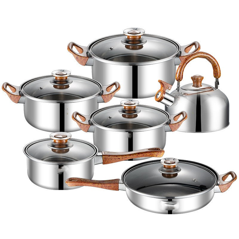 Batterie de Cuisine en Acier Inoxydable 6 Pièces avec Poignée en Bois - UstensilesCulinaires