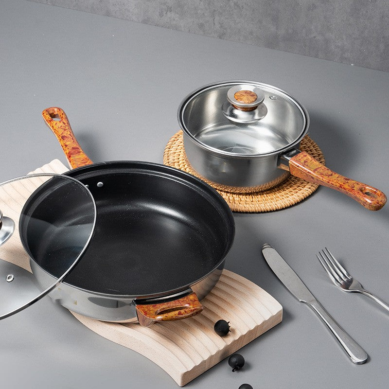 Batterie de Cuisine en Acier Inoxydable 6 Pièces avec Poignée en Bois - UstensilesCulinaires