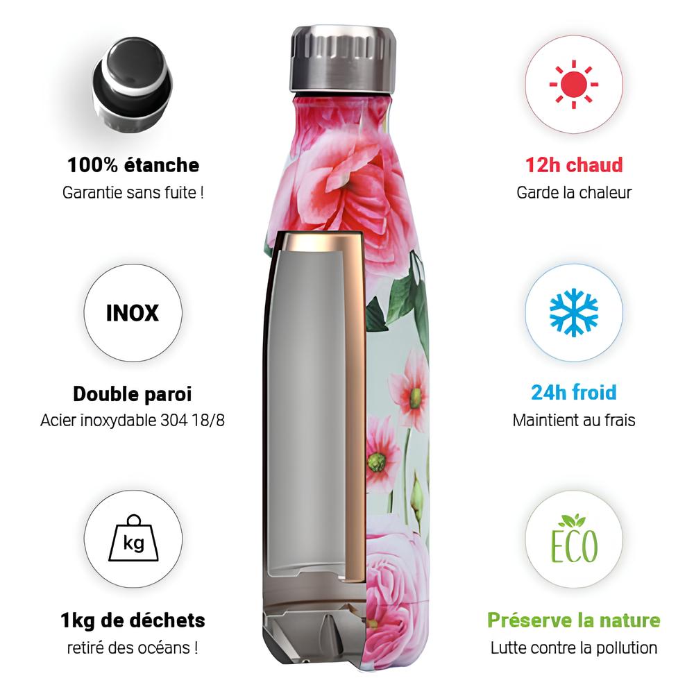 Bouteille isotherme en acier Inoxydable - Fleurie - UstensilesCulinaires