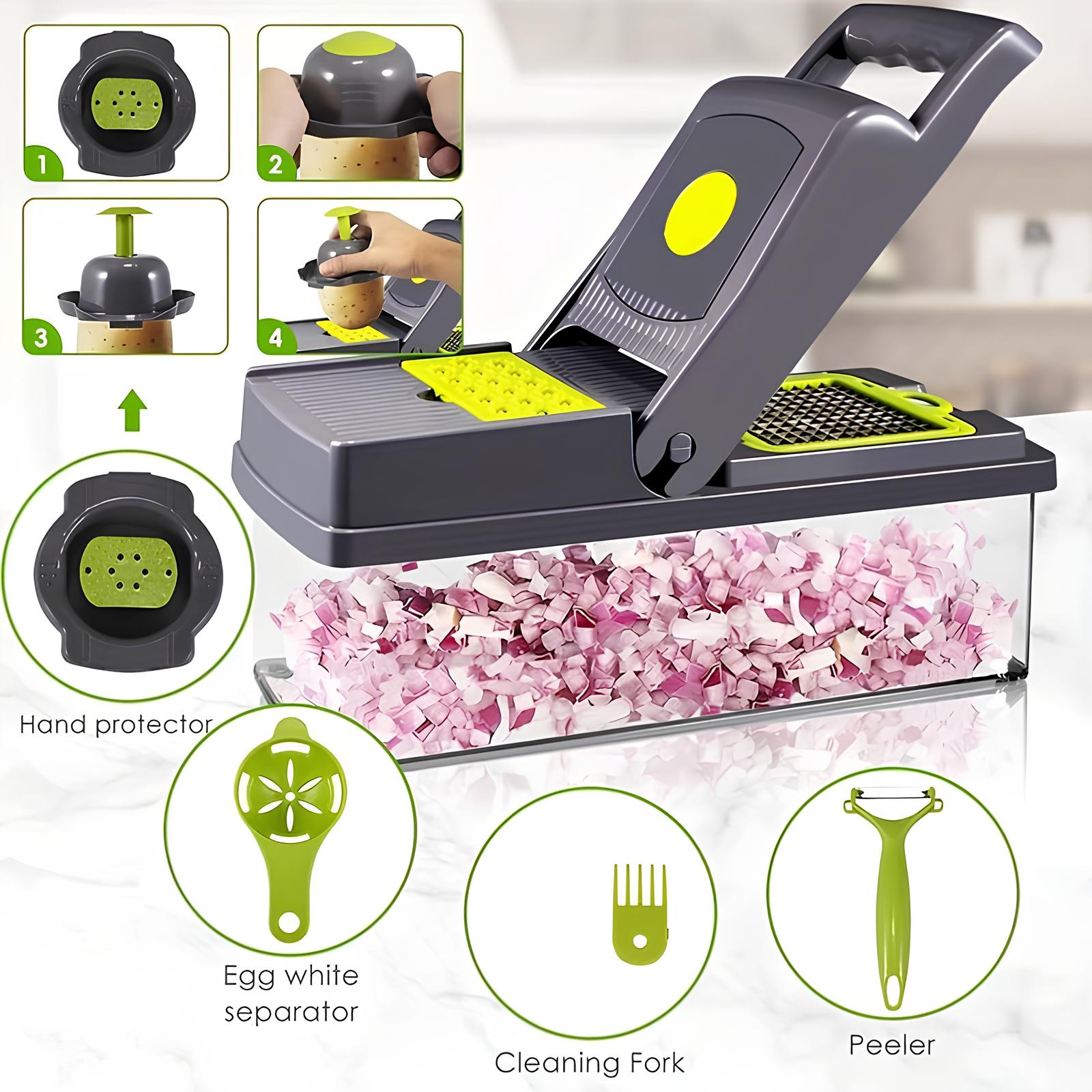 Mandoline de cuisine 14 en 1 à bouton poussoir - UstensilesCulinaires