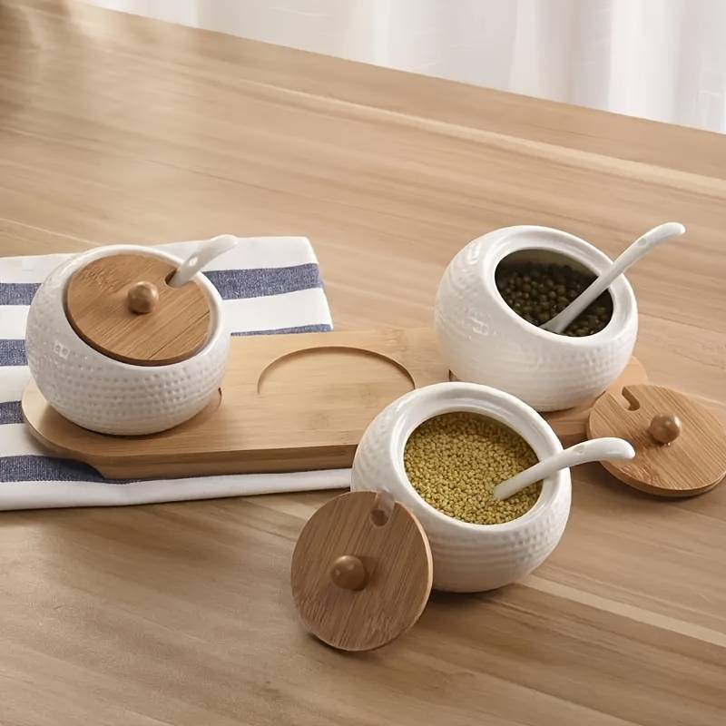 Pot à épices en céramique avec couvercle en bambou
