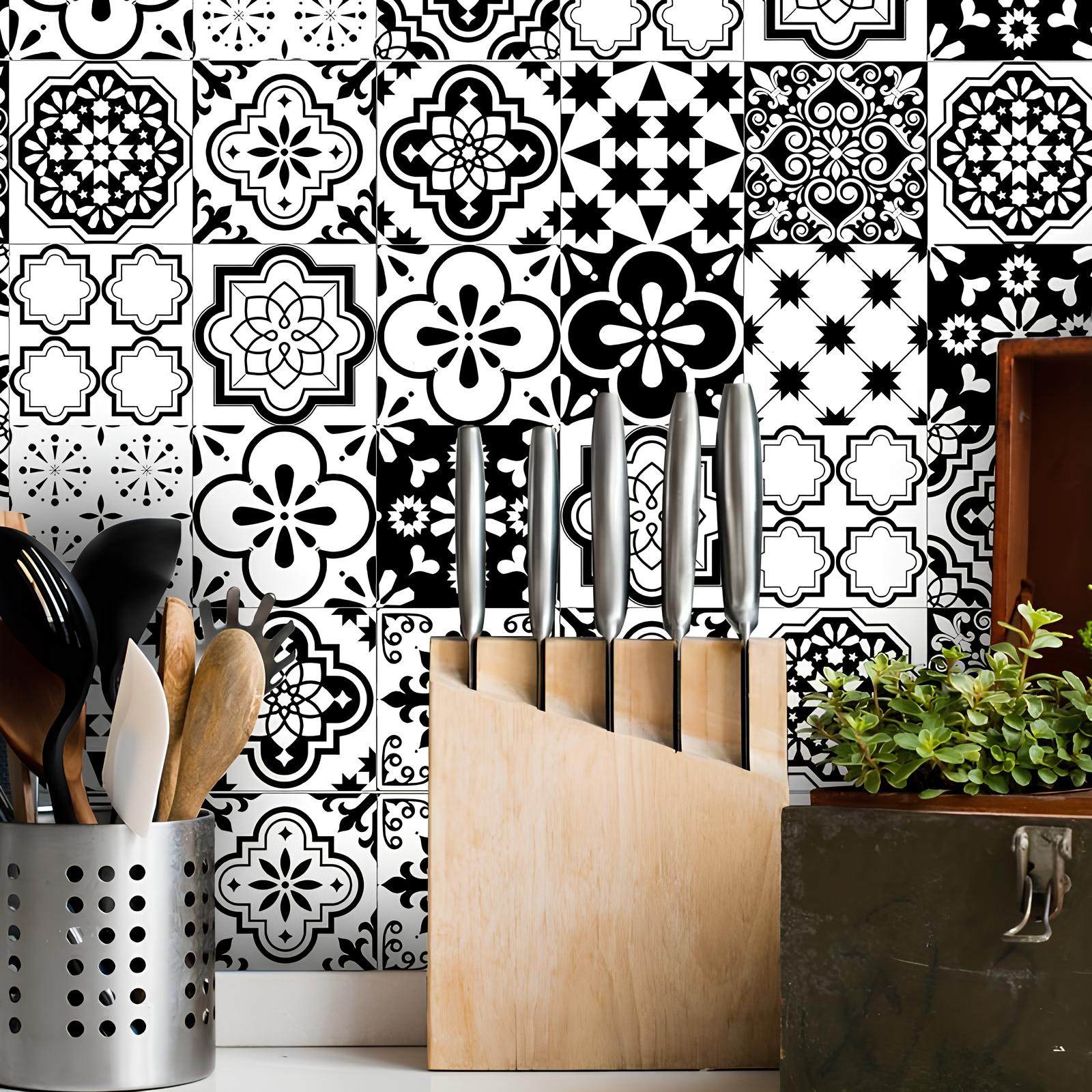 Autocollant mural imitation faïence noir et blanc - UstensilesCulinaires