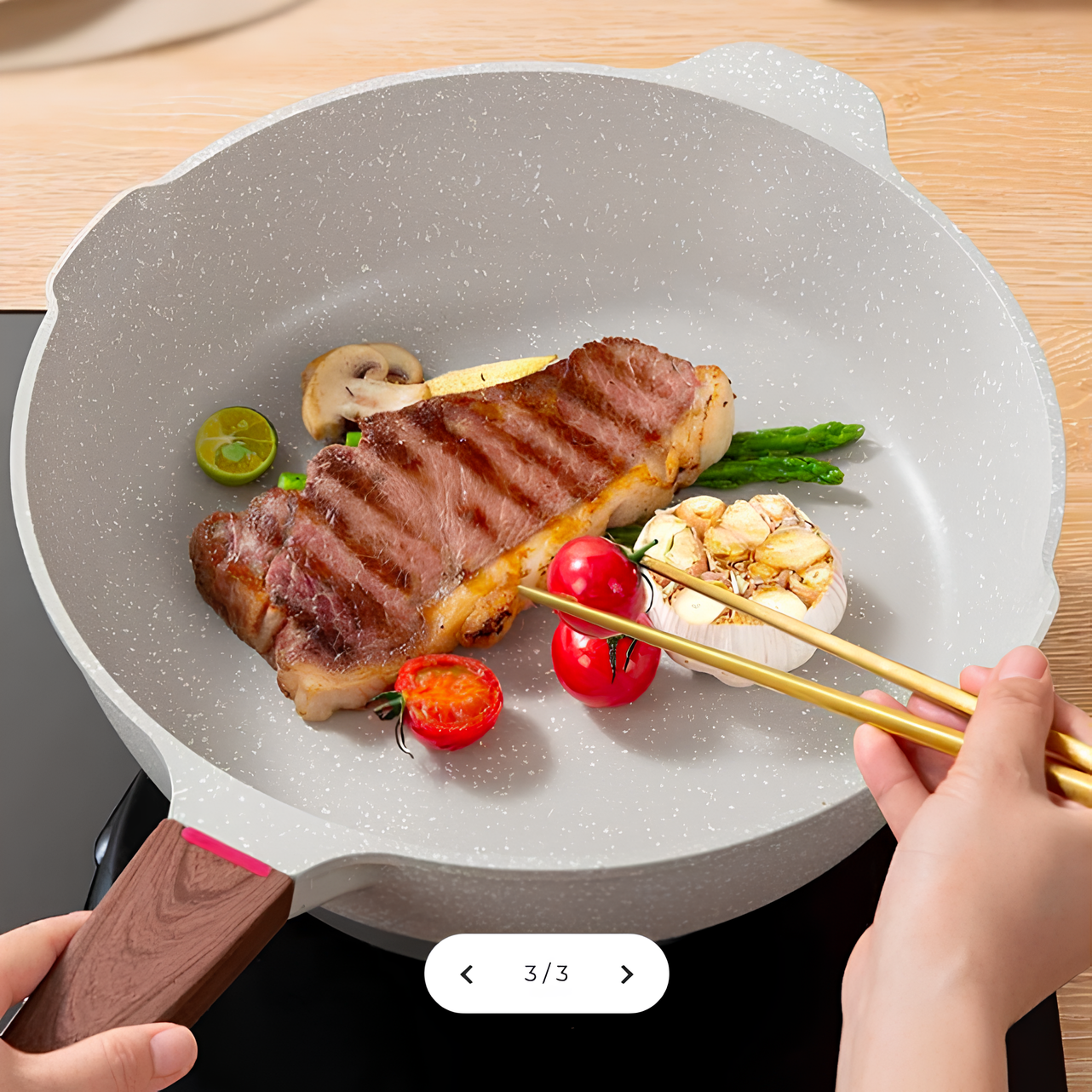 Wok antiadhésif en pierre avec manche en bois
