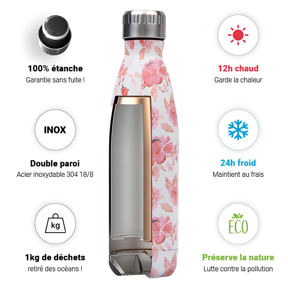 Bouteille en inox Isotherme sans BPA - Les fleurs - UstensilesCulinaires