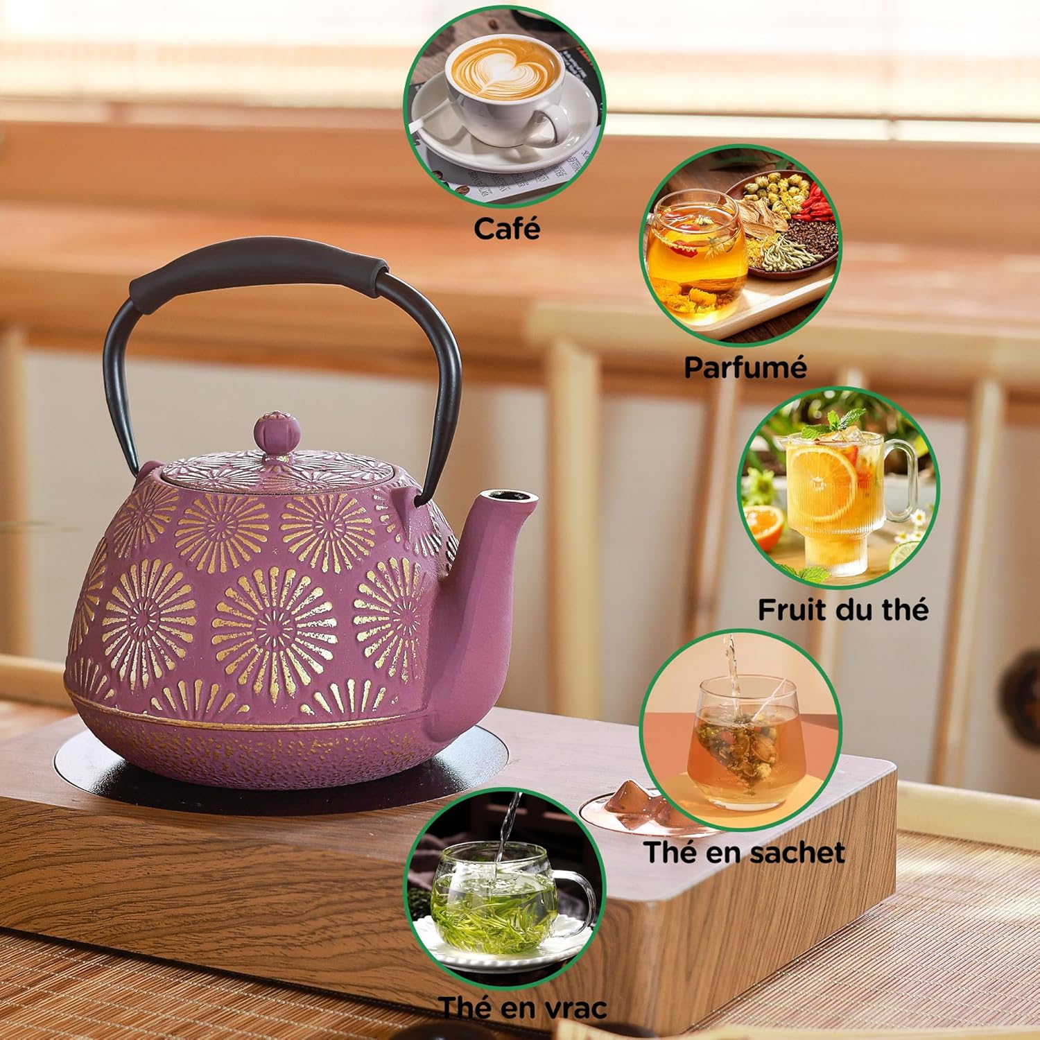 Théière japonaise en fonte avec motifs tournesols