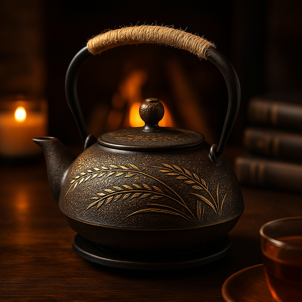 Théière japonaise en fonte avec motifs épis dorés