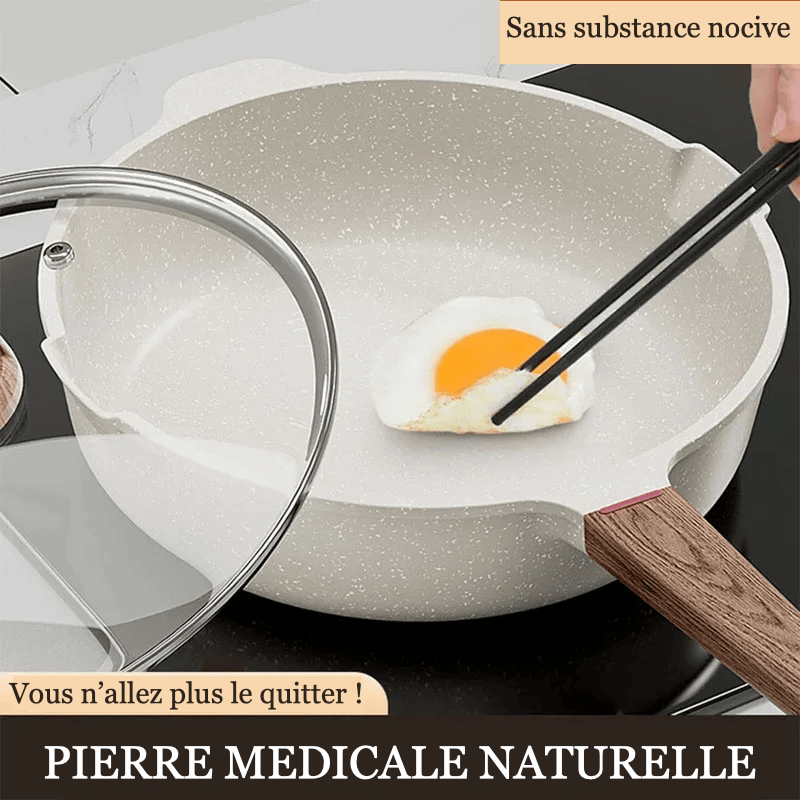 Wok antiadhésif en pierre avec manche en bois
