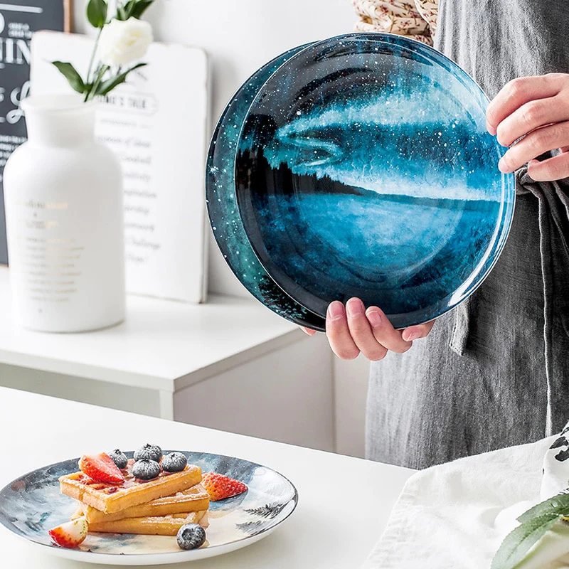 Assiette poterie artisanale | Assiette plate nocturnes | Ustensiles Culinaires 