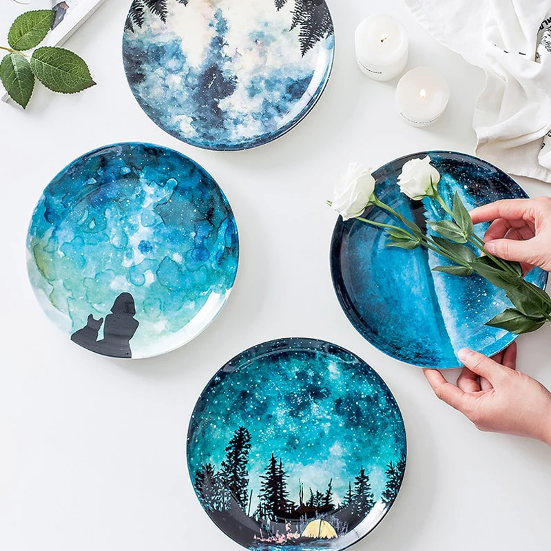 Assiette poterie artisanale | Assiette plate nocturnes | Ustensiles Culinaires 